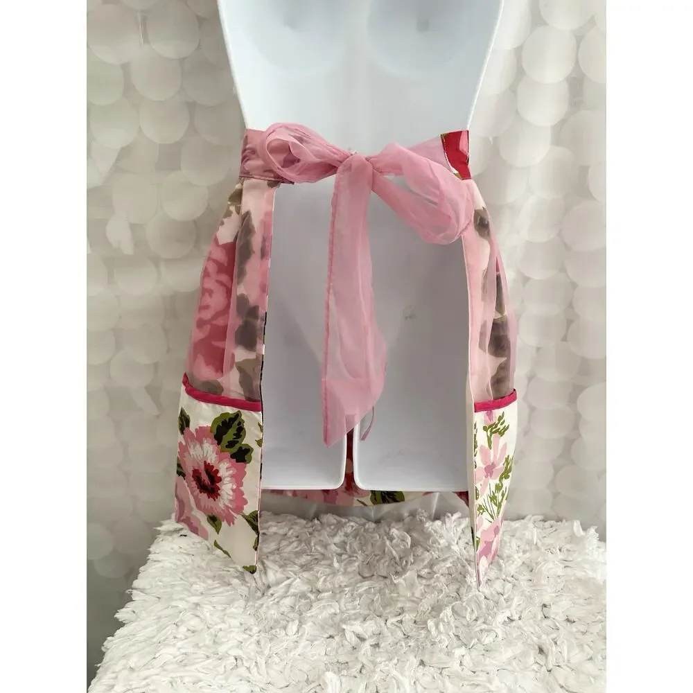 VTG HANDMADE Pink Rose Chintz Hostess Apron Chiffon Accents Reversible Country